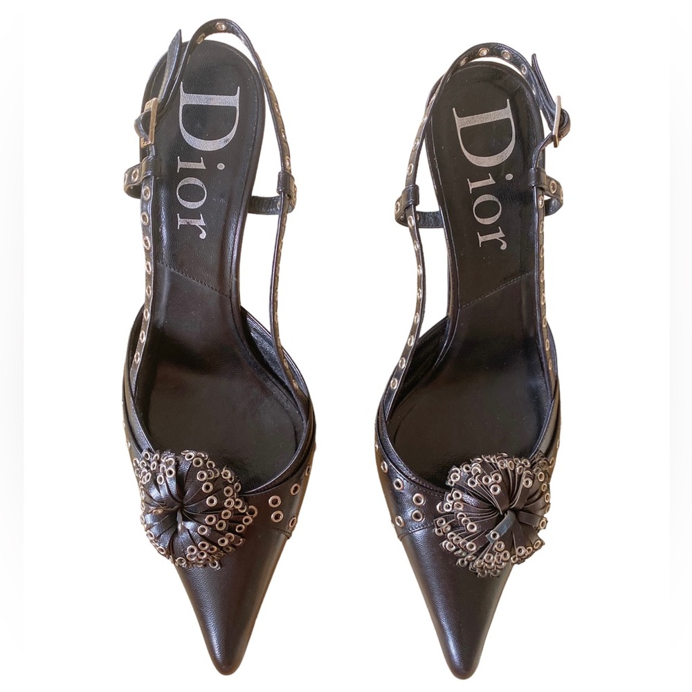 SOLD -Vintage Y2K DIOR Leather Pompon Slingback super rare